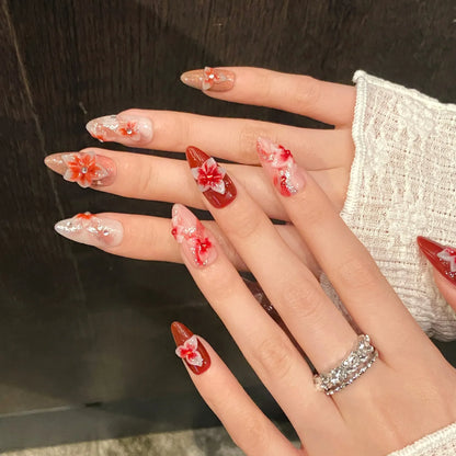 10 uñas postizas 3D con diseño de flor de diablo talladas a mano, con degradado rosa, almendra, hechas a mano, con lentejuelas brillantes, para verano. 