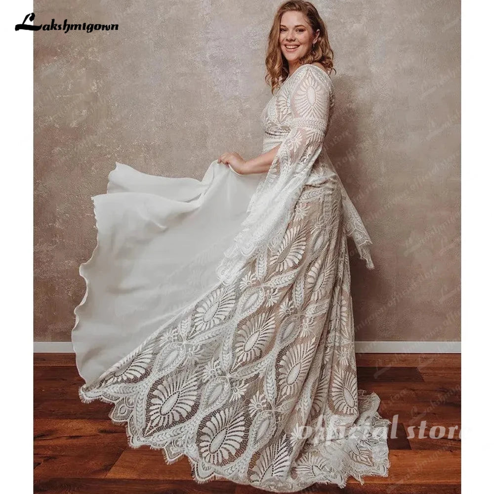 Bohemian Boho Wedding Dress Lace Chiffon Long Sleeve V Neck Plus Size Gown