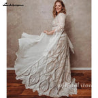 Bohemian Boho Wedding Dress Lace Chiffon Long Sleeve V Neck Plus Size Gown