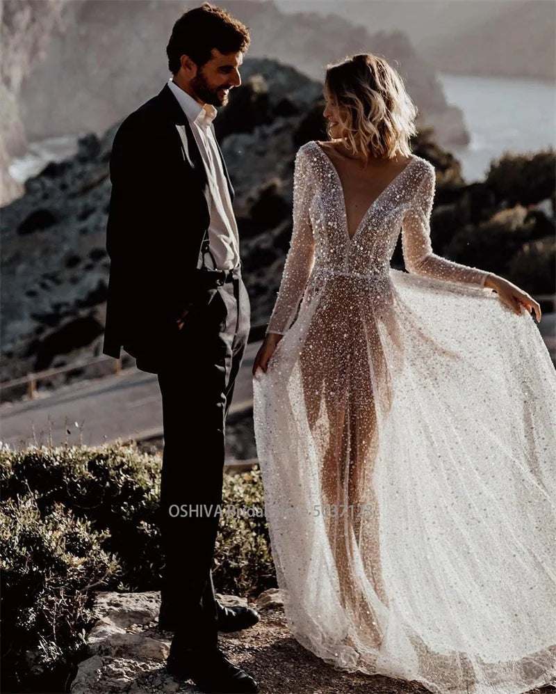 Modern V Neck Sequin Wedding Dress Long Sleeve Backless Bridal Gown