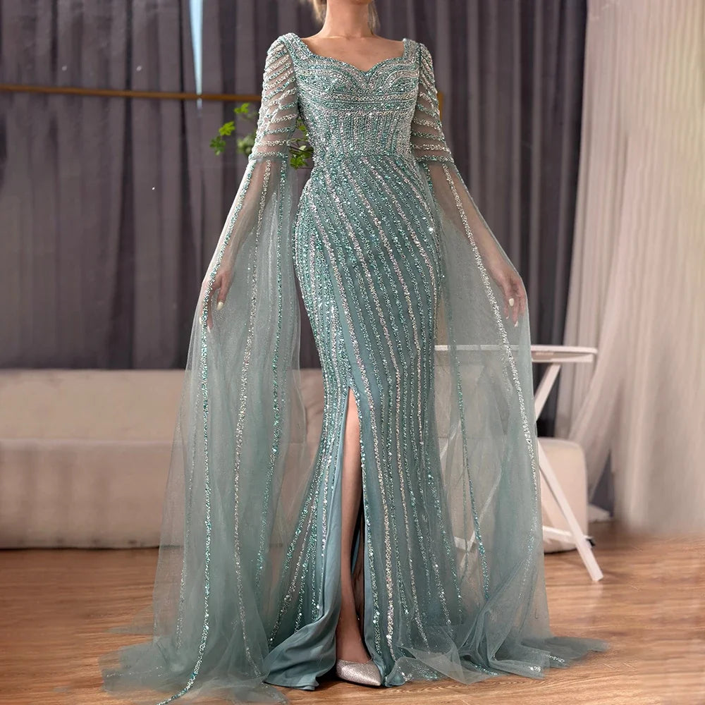 Turquoise Beaded Mermaid Evening Gown Sweetheart Overskirt Party Dress Women