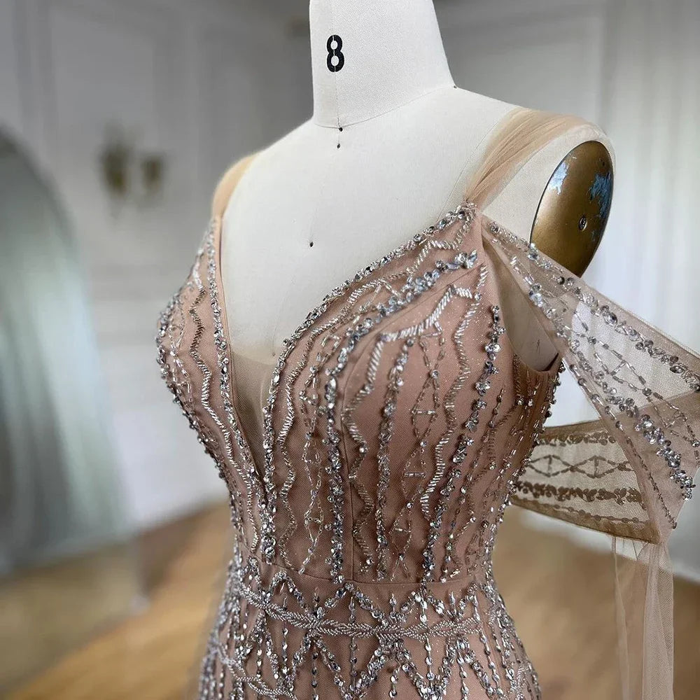 Customized Nude A Line Midi Prom Dress Glitter Beaded Evening Party Gown