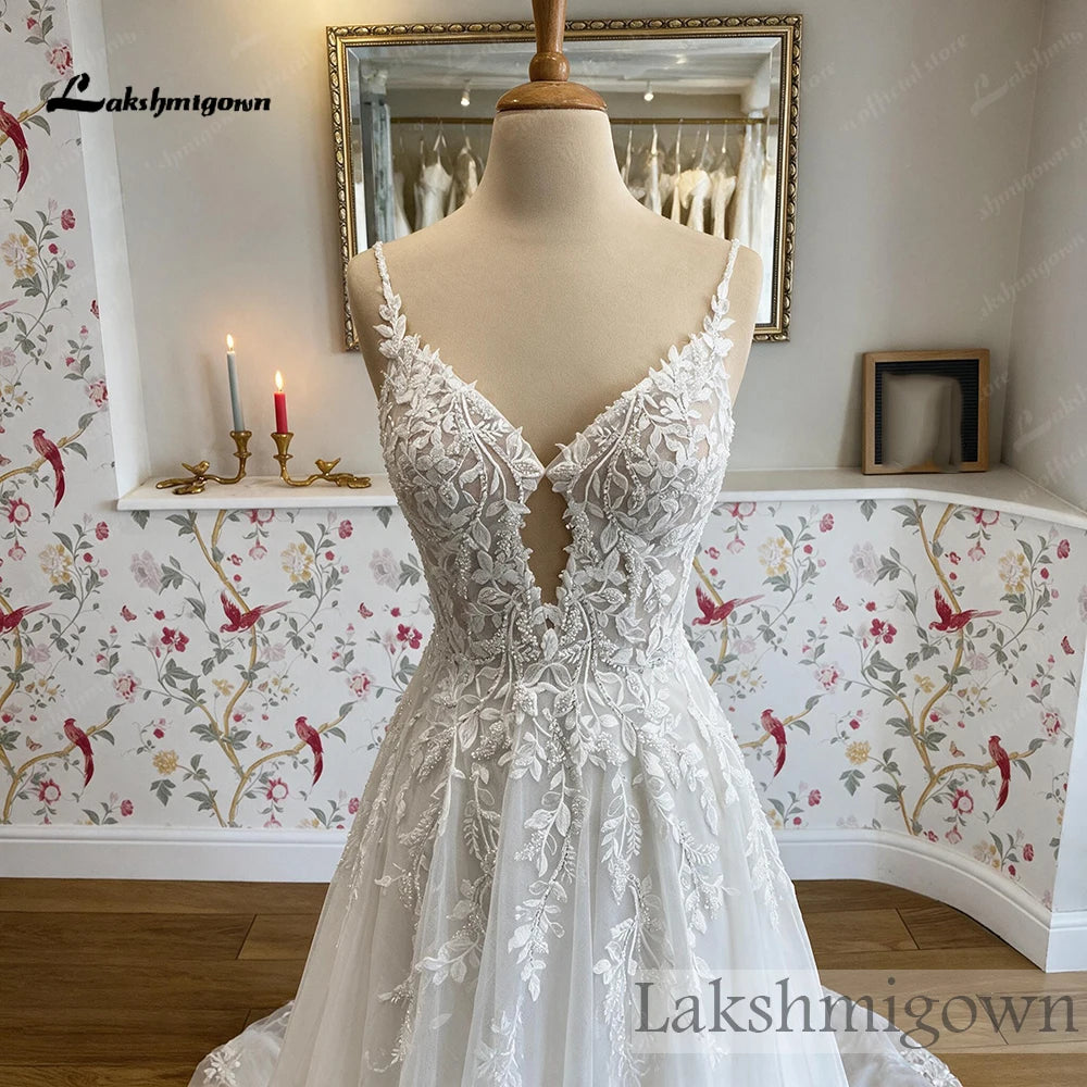 Custom A Line Wedding Dress Spaghetti Straps V Neck Beaded Lace Bridal Gown