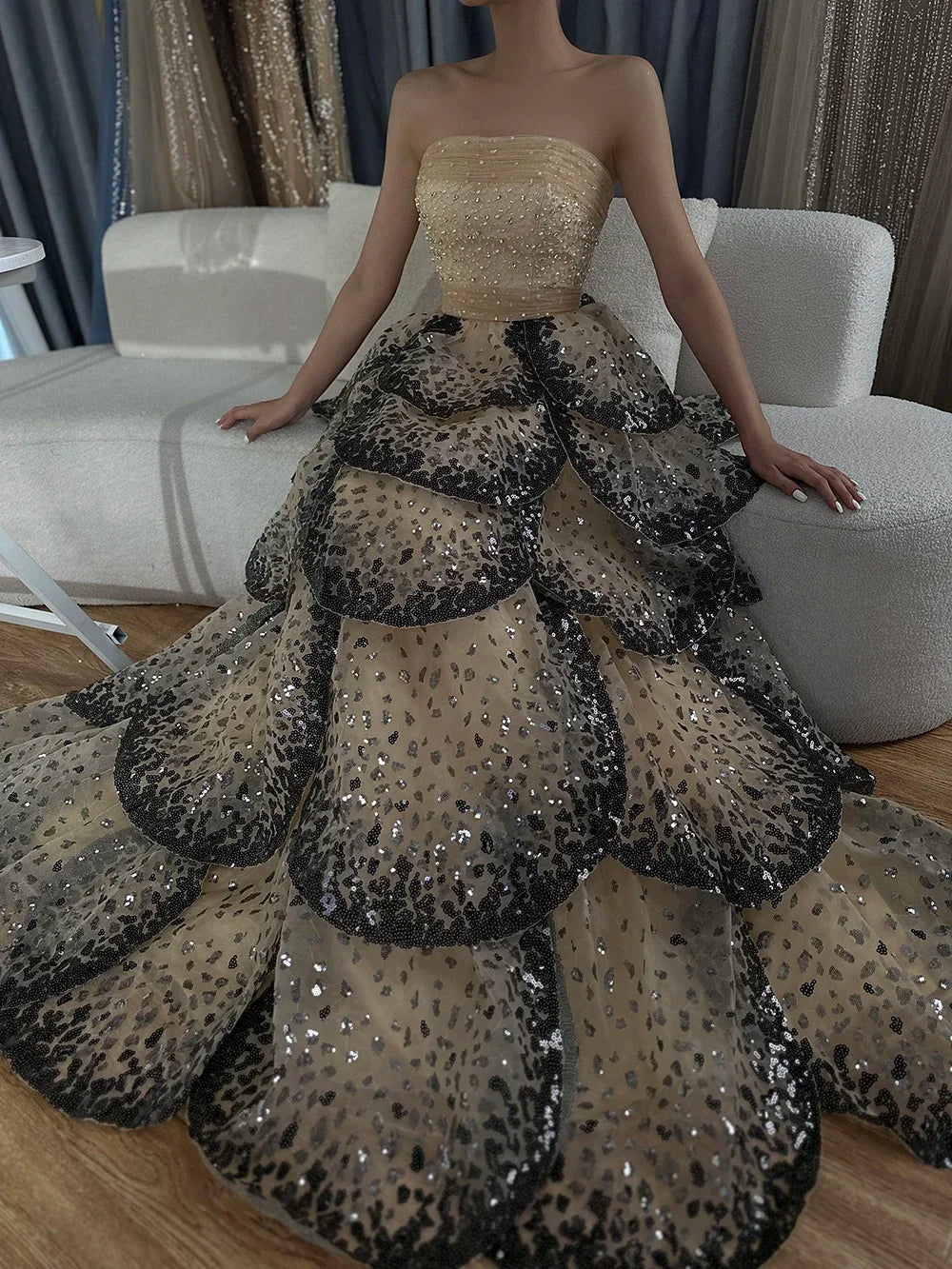 Serene Hill Custom Black Strapless Sequined Evening Prom Dress For Women