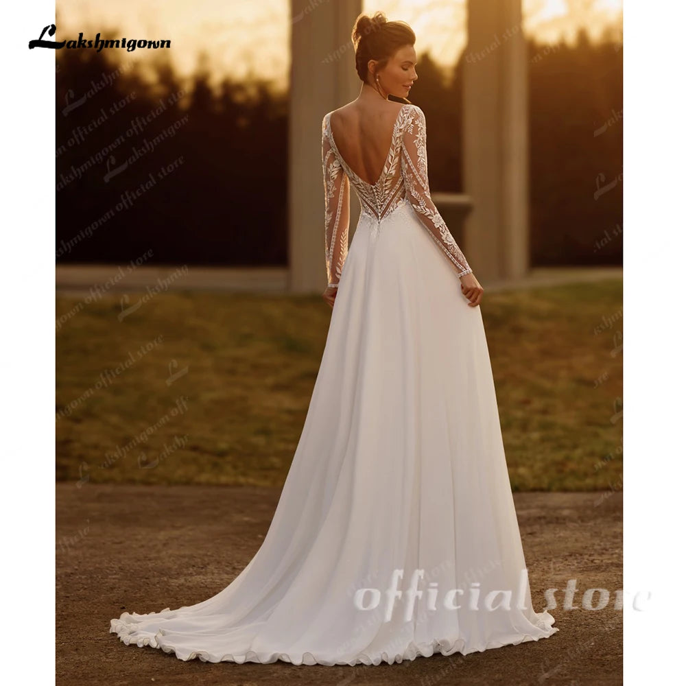 Lakshmigown Illusion Long Sleeve Chiffon A Line Custom Wedding Dress