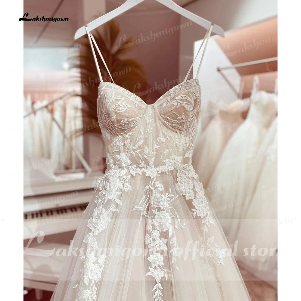 Champagne Lace Spaghetti Straps Wedding Dress Chapel Train Custom Bridal Gown