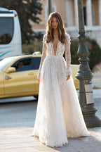 Custom Boho Wedding Dress With Deep V Neck And 3D Floral Lace Appliques
