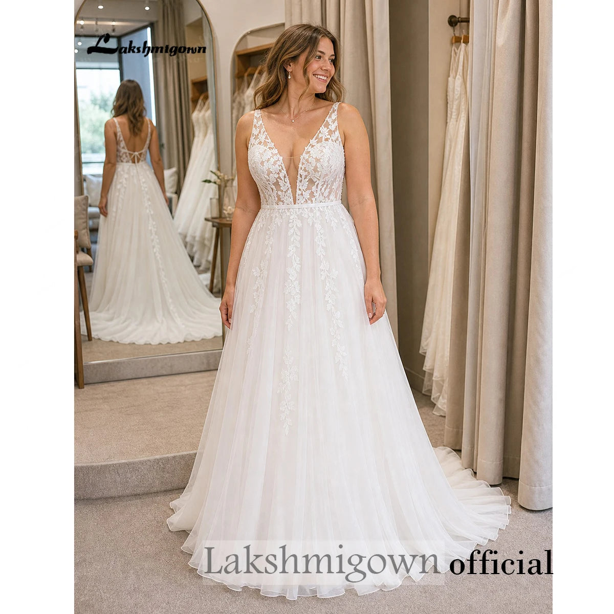 Custom Tulle Bridal Gown Deep V Neck Sleeveless Lace Appliques Wedding Dress