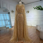 Gray Arabic Mermaid Beaded Evening Dress With Detachable Cape