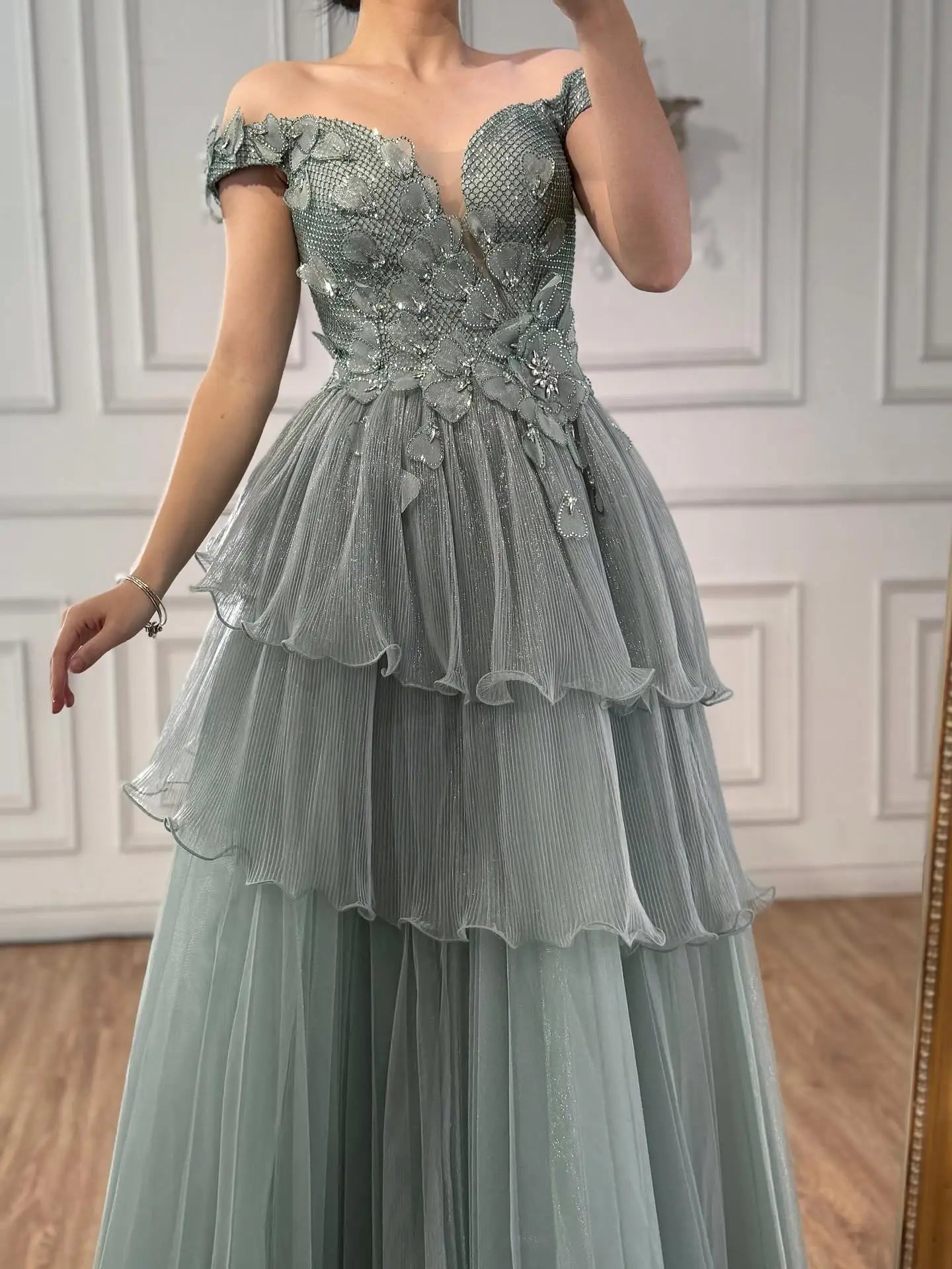 Luxury Pink Dreamy Ruffles Beaded A-Line Evening Dress LA73385