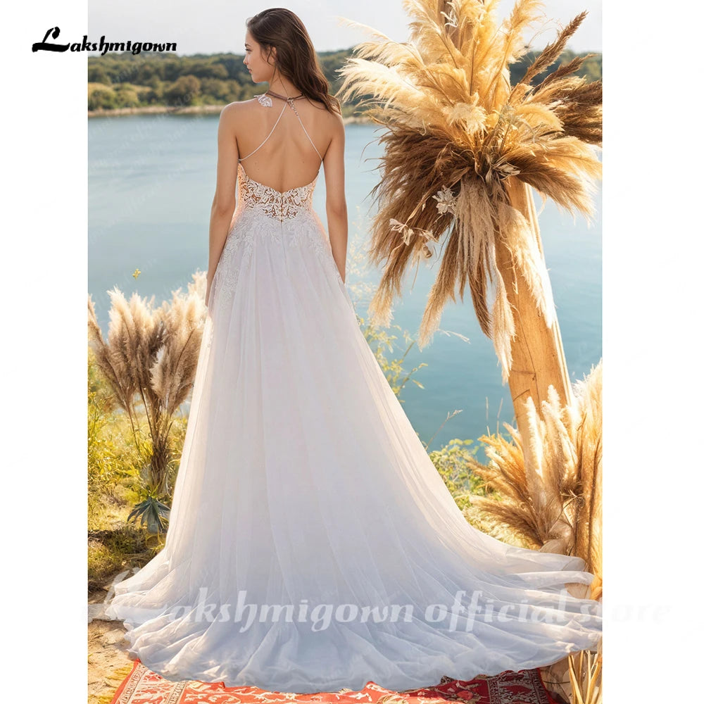 Custom Boho Wedding Dress Spaghetti Straps Lace Applique Tulle Bridal Gown