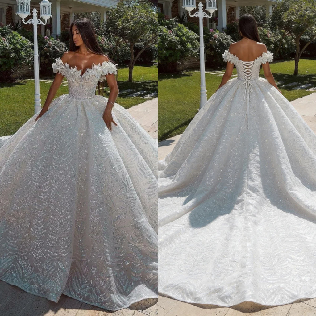Luxury Off Shoulder Ball Gown Wedding Dress With 3D Floral Glitter