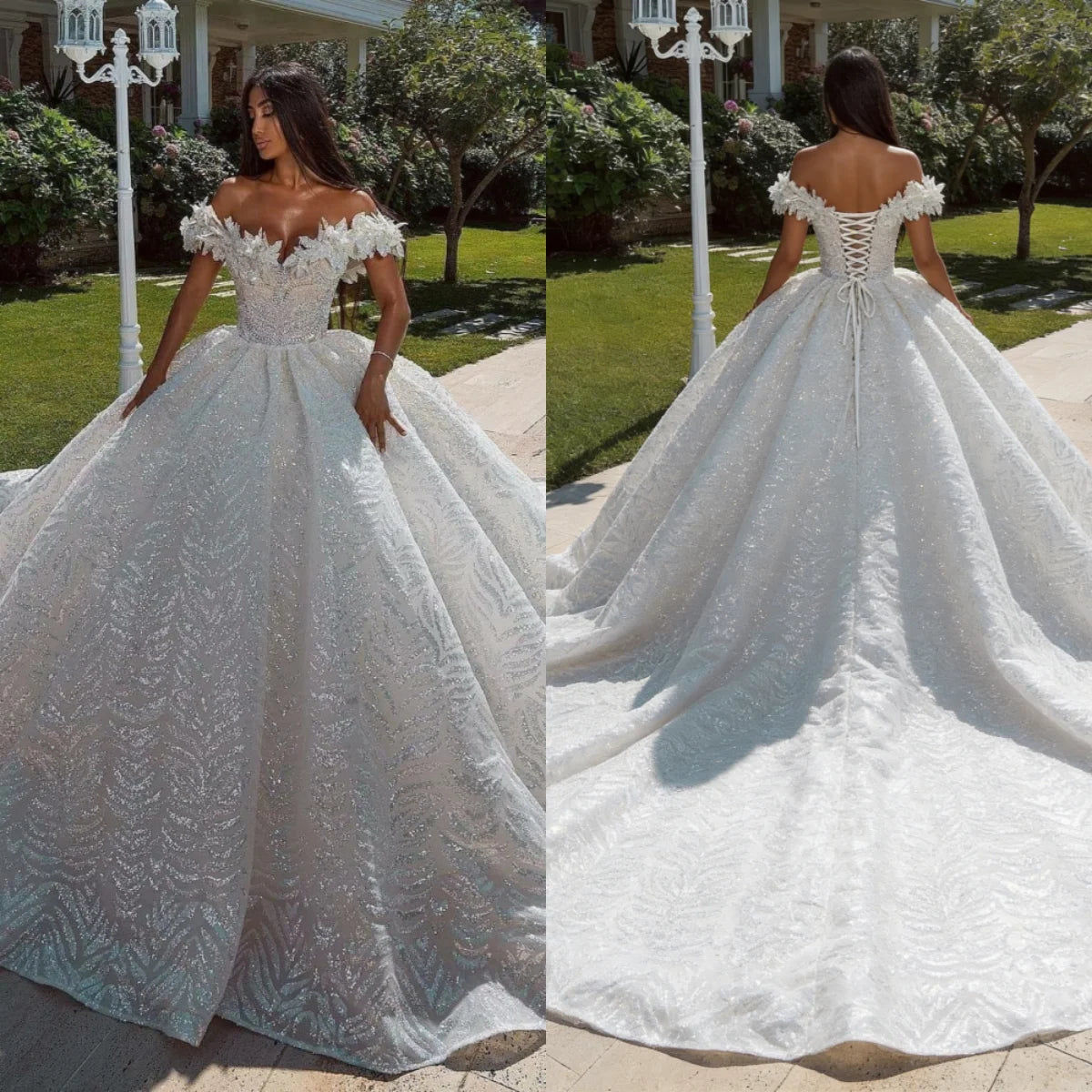 Luxury Off Shoulder Ball Gown Wedding Dress With 3D Floral Glitter