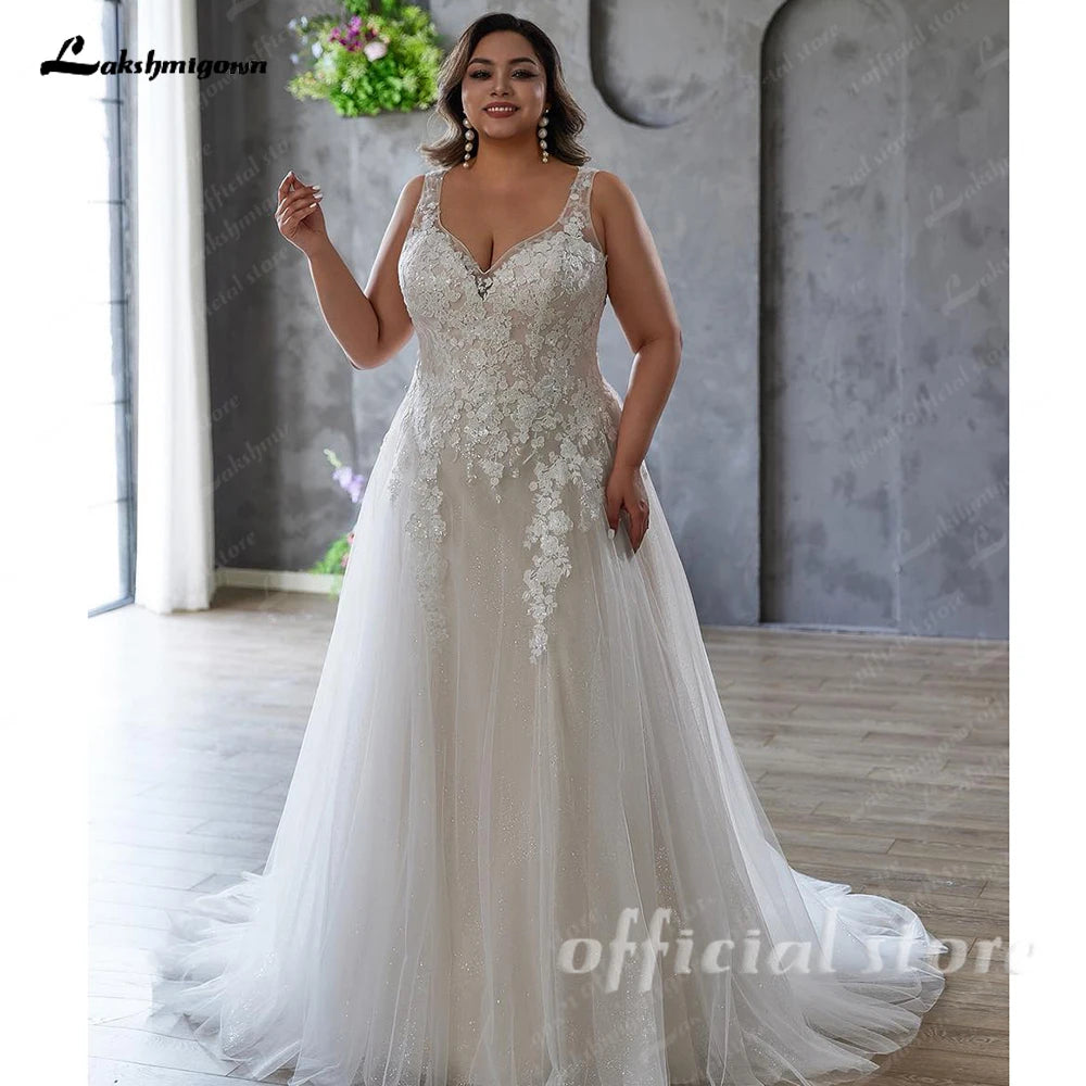 Custom Plus Size A Line Wedding Dress V Neck Tulle Appliques Bridal
