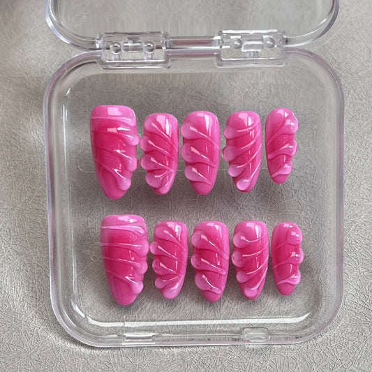 10 uñas postizas hechas a mano con diseño de gotas de agua en 3D, color rosa, almendra brillante, reutilizables, para salón de belleza. 
