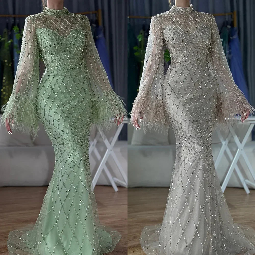 Custom Green Dubai Lace Gown With Beaded Feather Sleeves Formal Wear