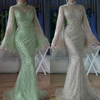Custom Green Dubai Lace Gown With Beaded Feather Sleeves Formal Wear