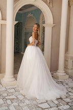 Custom White Off Shoulder Pearl Chain Wedding Dress With Lace Up Court Train