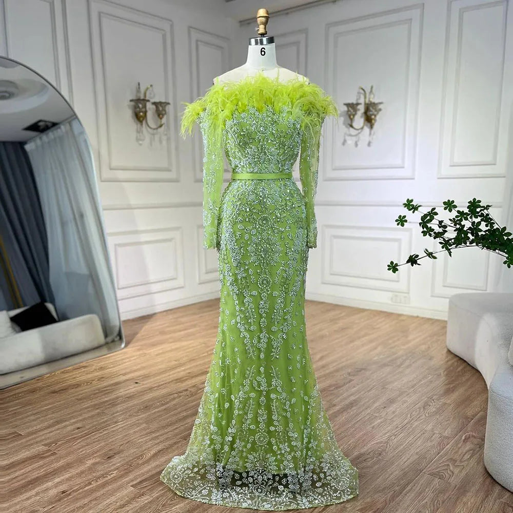 Luxury Dubai Green Long Sleeves Feathers Beaded Evening Dress LA72553
