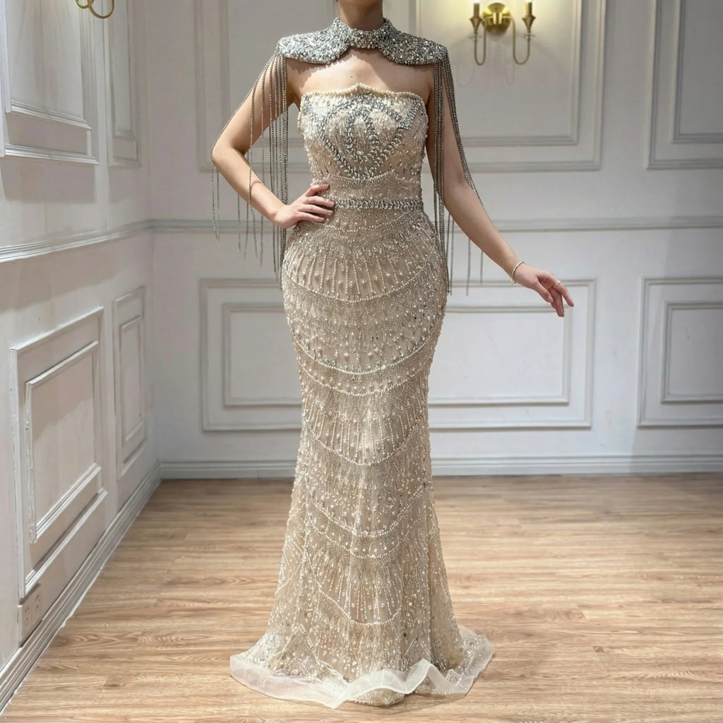 Luxury Beaded Mermaid Evening Gown With Tassel Cape For Women