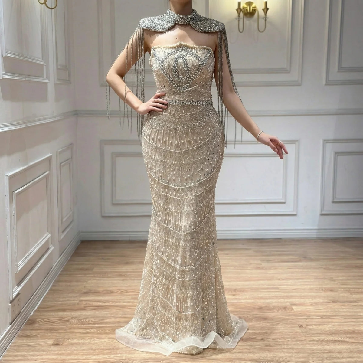 Luxury Beaded Mermaid Evening Gown With Tassel Cape For Women