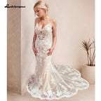 Custom Made Champagne Lace Mermaid Wedding Dress With Spaghetti Straps