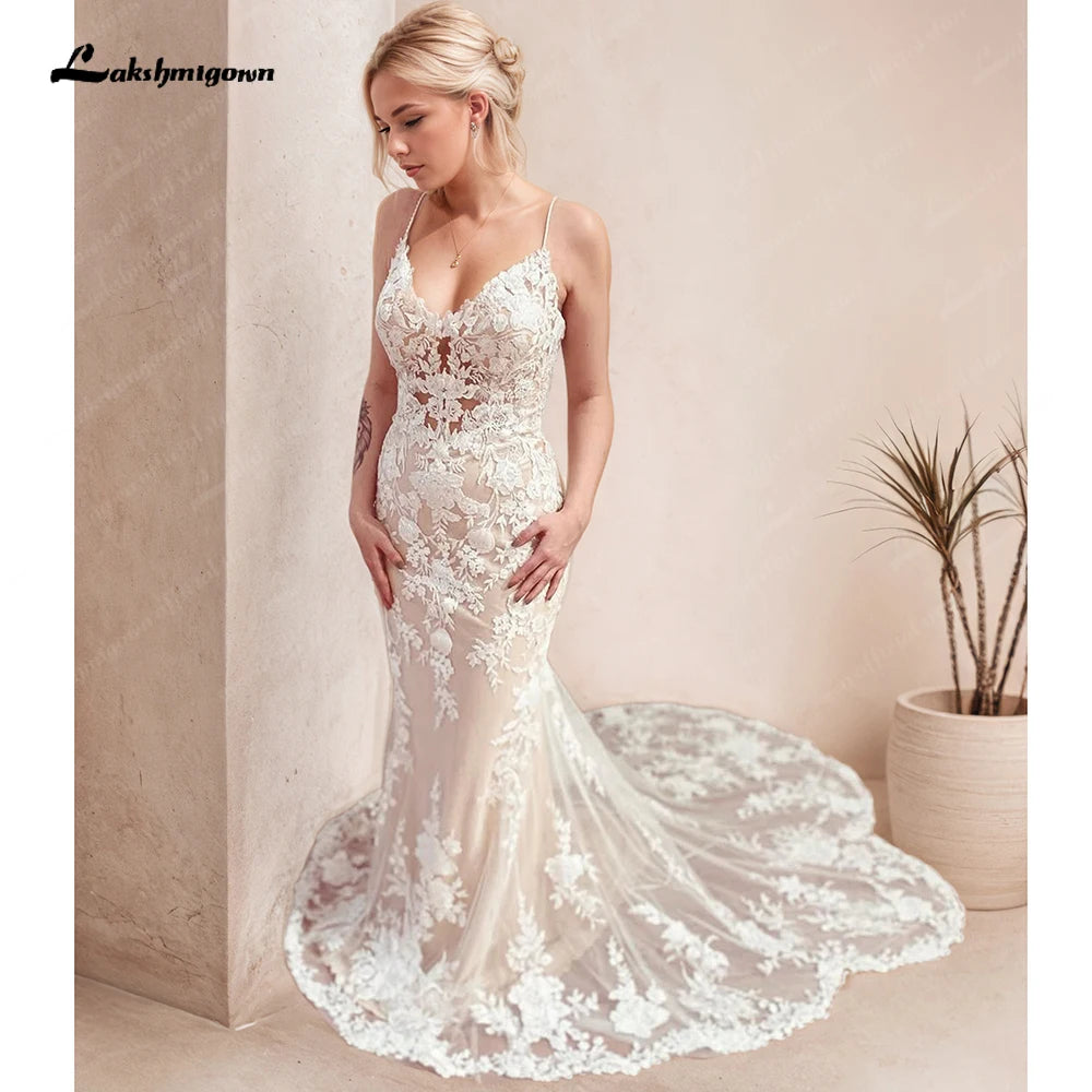 Custom Made Champagne Lace Mermaid Wedding Dress With Spaghetti Straps