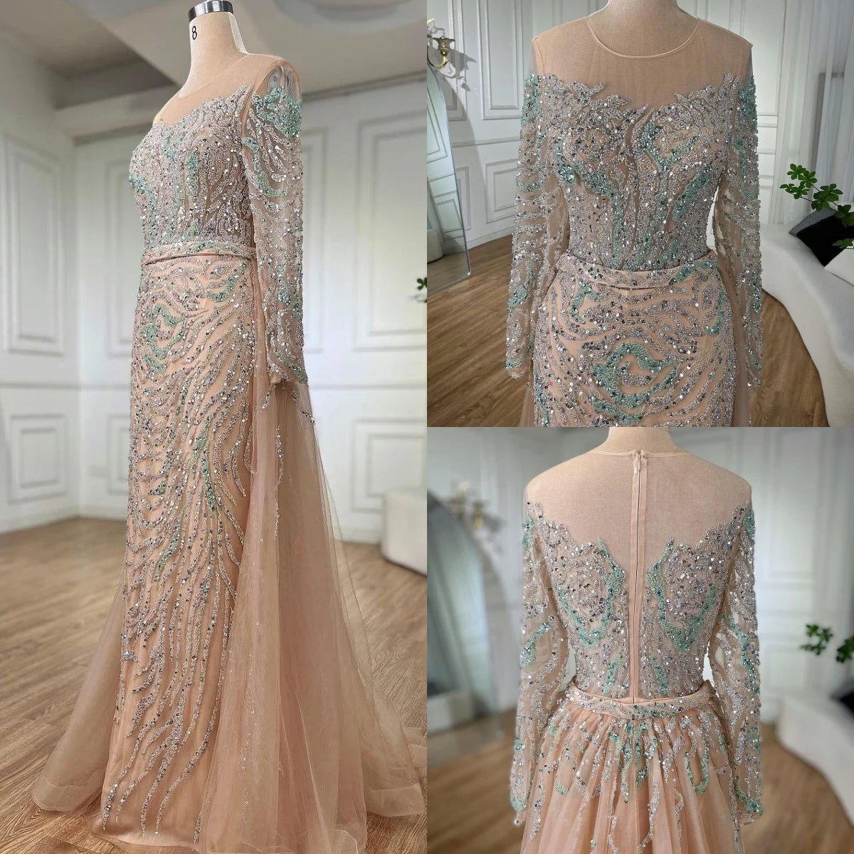 Serene Hill Nude Mermaid Long Sleeve Beaded Evening Dress For Women