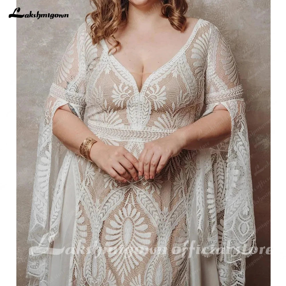 Bohemian Boho Wedding Dress Lace Chiffon Long Sleeve V Neck Plus Size Gown