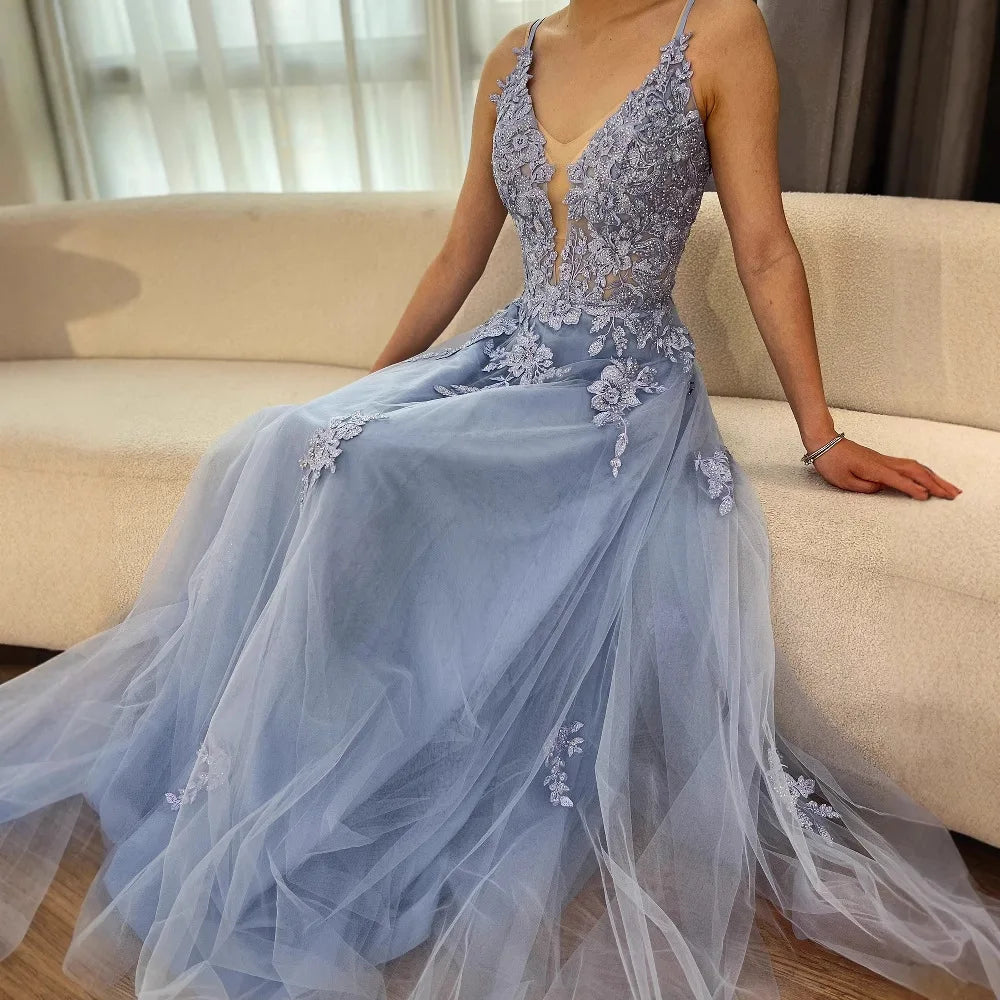 Luxury Sage Green Lace A-Line Prom Dress with Spaghetti Straps LA73005