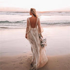 Custom Boho Embroidered Lace Wedding Dress Long Sleeve Deep V Neck Gown