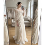 Boho V Neck Wedding Dress Batwing Sleeve Draped Ruched A Line Bridal Gown