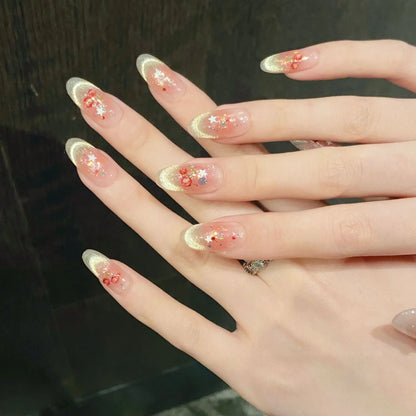 10 uñas postizas de cereza dulce para mujeres y niñas, brillantes, con sonrisa, ojo de gato, Y2k, estrellas, hechas a mano, con rubor suave. 