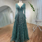 Serene Hill Turquoise Muslim V Neck Long Sleeve Beaded Evening Dress