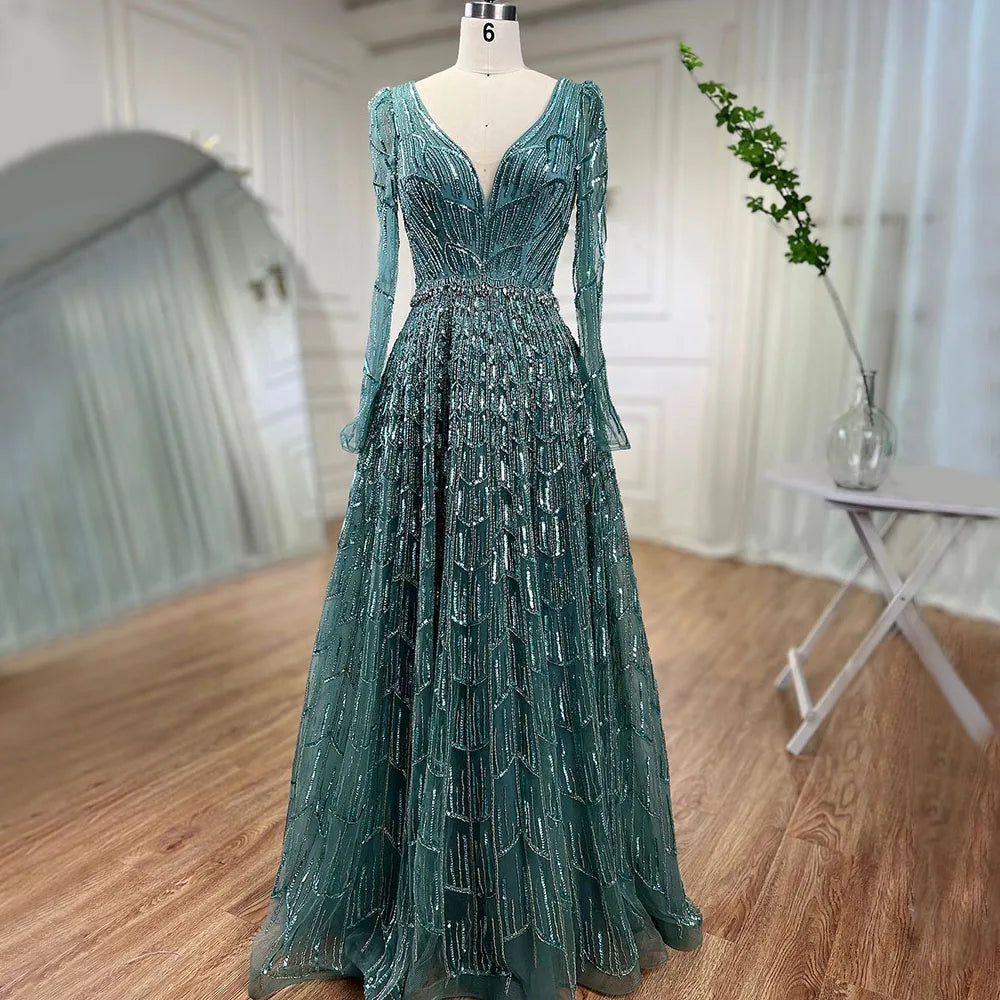 Serene Hill Turquoise Muslim V Neck Long Sleeve Beaded Evening Dress