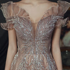 Elegant Off Shoulder Mesh Cheongsam Formal Evening Party Applique Maxi Dress