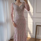 Customized Pink Mermaid Evening Dress Long Sleeve Beaded Gown