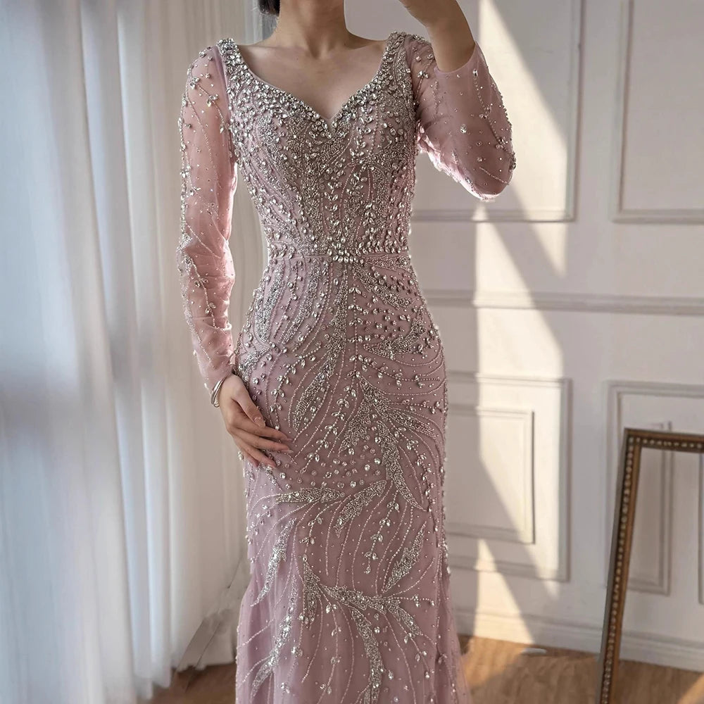 Customized Pink Mermaid Evening Dress Long Sleeve Beaded Gown