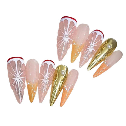 10 uñas postizas hechas a mano con diseños 3D de naranja dulce, reutilizables, largas, estilo stiletto, para salón de belleza. 