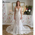 Custom Boho Lace A Line Bridal Wedding Dress Spaghetti Straps