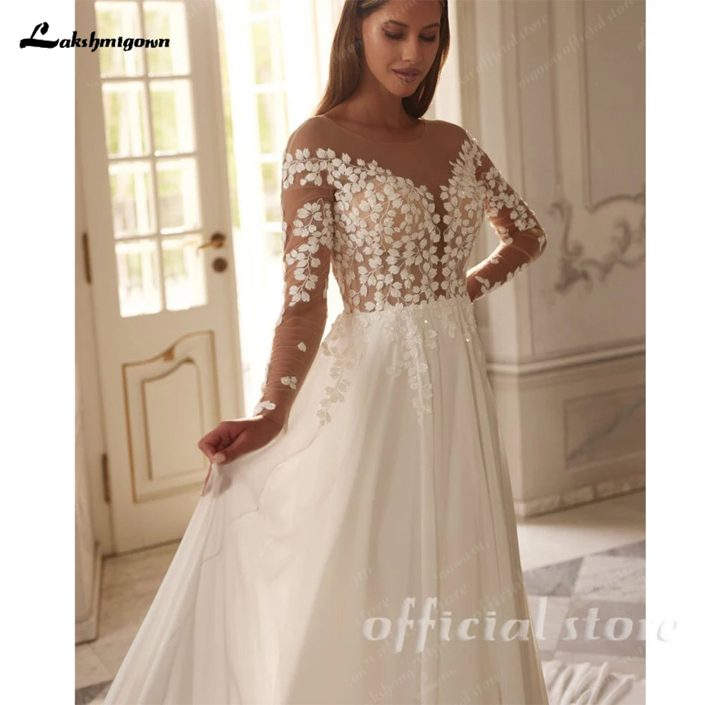 Custom Boho Chiffon Bridal Gown For Women Long Sleeves V Neck Beach Dress