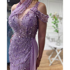 Lilac Halter Mermaid Beaded Formal Evening Dress For Women