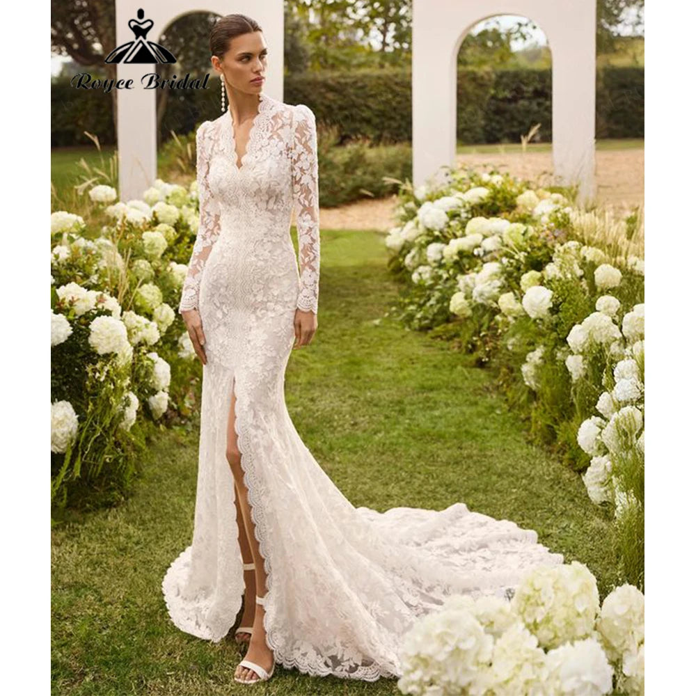 RoyceBridal Long Sleeve Floral Lace Mermaid Wedding Dress Custom