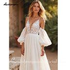 Ivory Chiffon V-Neck Beach Wedding Court Train Lace Spaghetti Straps Gown