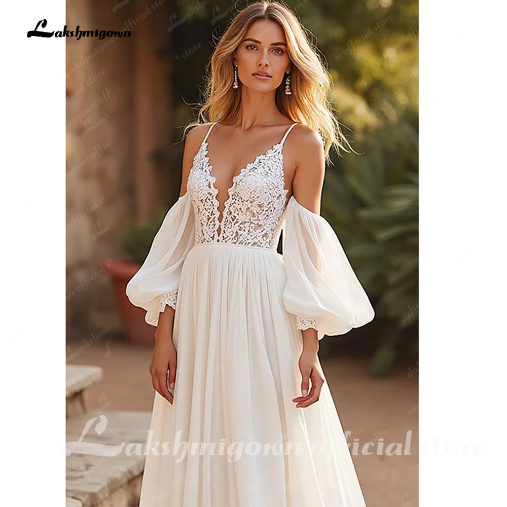 Ivory Chiffon V-Neck Beach Wedding Court Train Lace Spaghetti Straps Gown