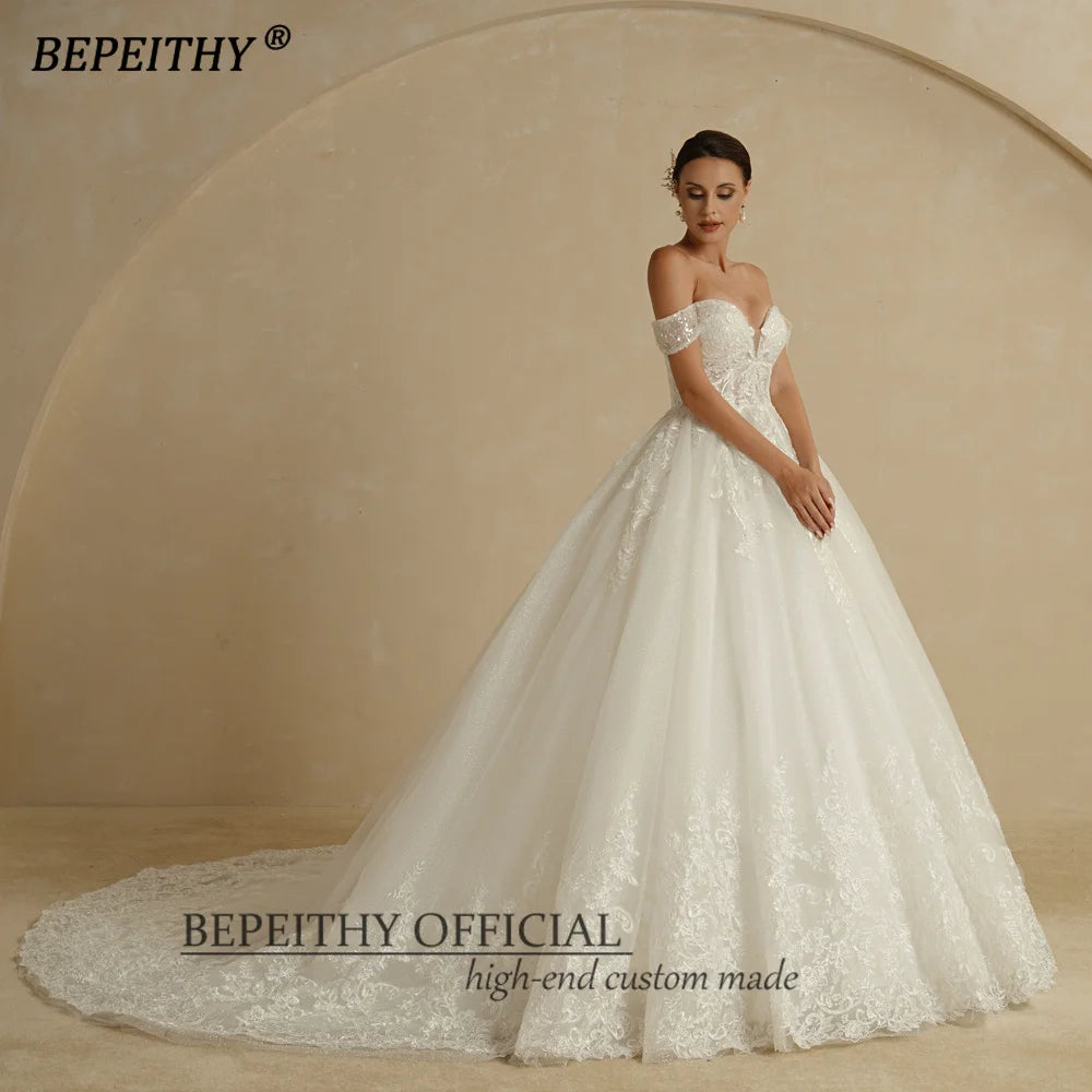 Bepeithy Customized Ivory Glitter Wedding Dress Sleeveless Bridal Ball Gown