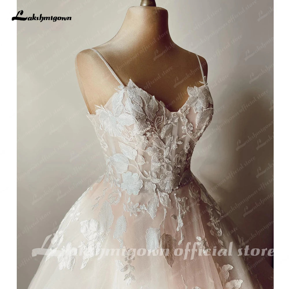 Luxury Champagne Lace Spaghetti Straps Wedding Dress For Bride