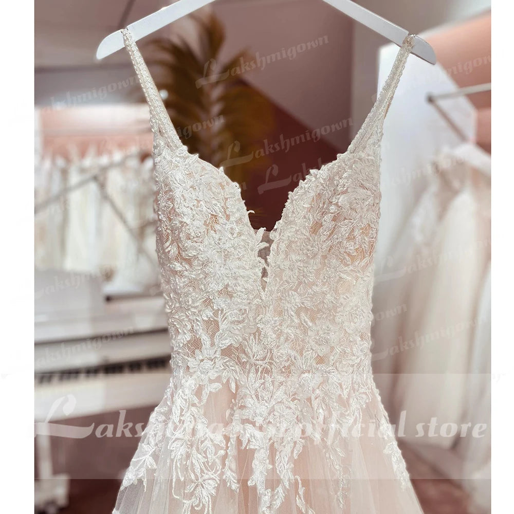 Boho A Line Tulle Sexy Beach Wedding Dress Illusion Appliques Open Back Gown