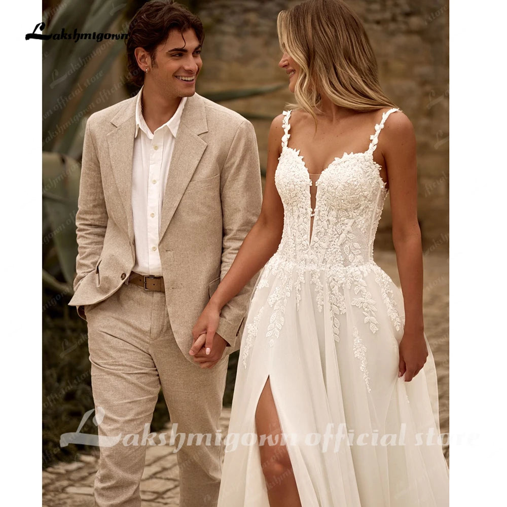 Custom Sequined Tulle Wedding Dress Spaghetti Straps V Neck Gown