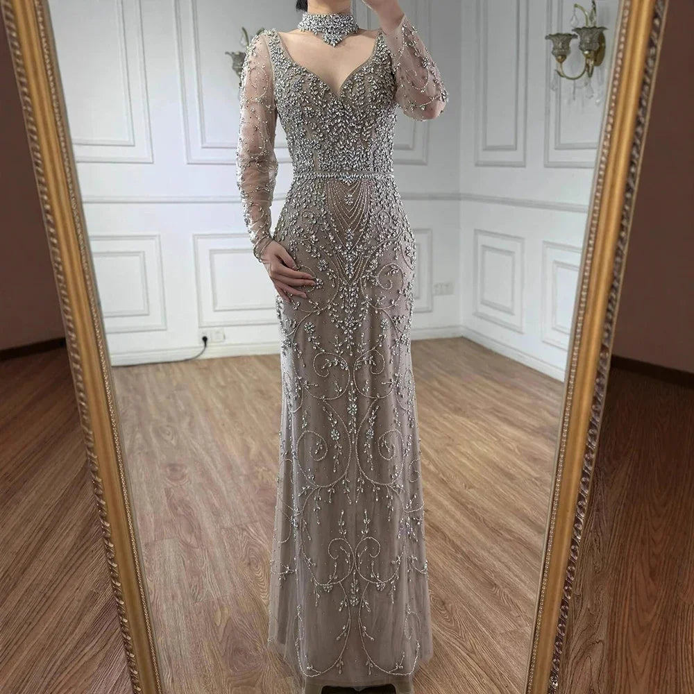 Custom Turquoise Mermaid Evening Dress With Long Sleeves And Beading